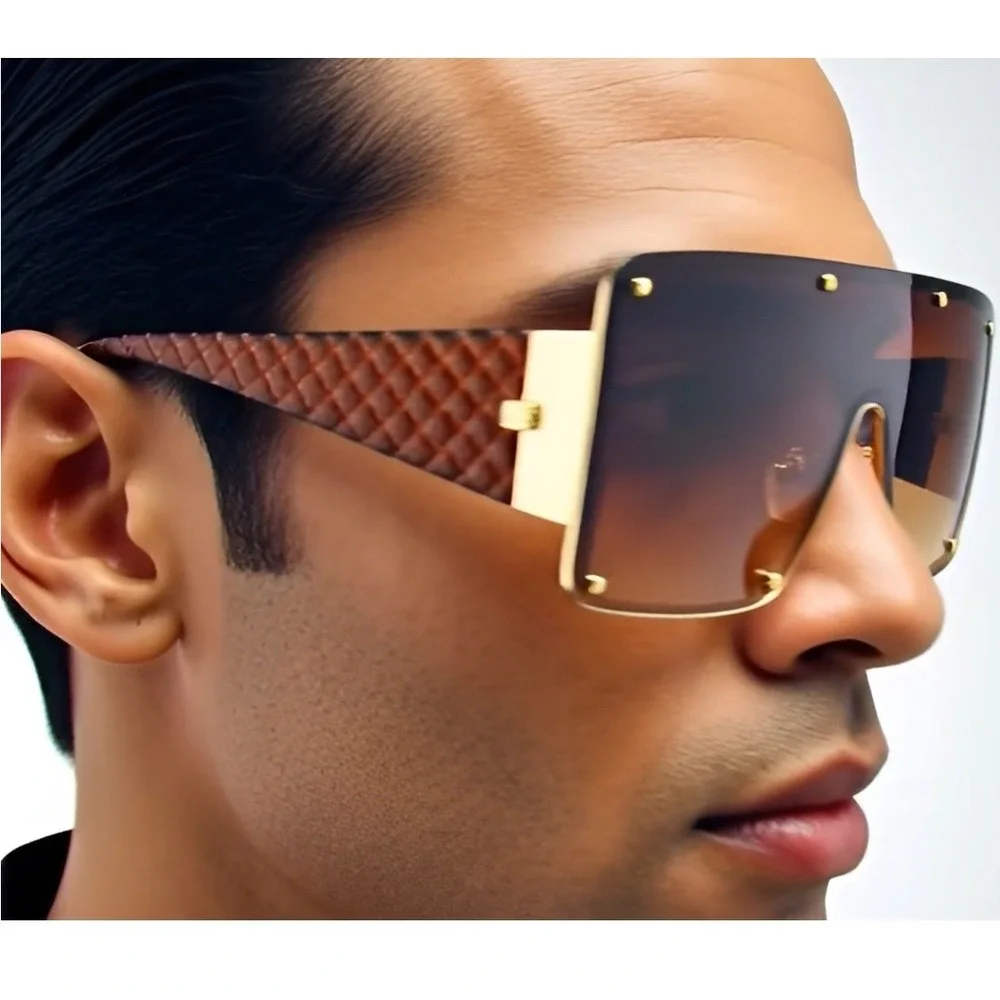 Shield Sunglasses Men Oversized Flat Top Rivet Detail‎ Brown Fashion Luxury